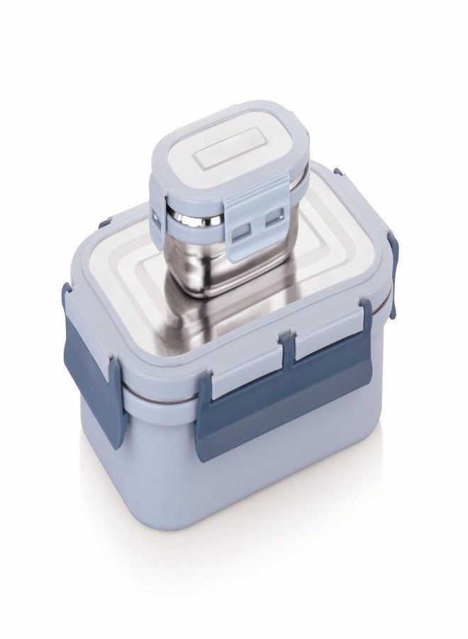 WARMEO علبة طعام وارميو ديلايت المعزولة المصنوعة من الفولاذ المقاوم للصدأ، محكمة الإغلاق، مانعة للتسرب، مزودة بغطاء بمشبك قفل، خفيفة الوزن، سهلة التنظيف، مثالية للمكتب والمدرسة والنزهات والسفر، عبوة مزدوجة (800 مل + 150 مل)، أزرق ورمادي - Image 1